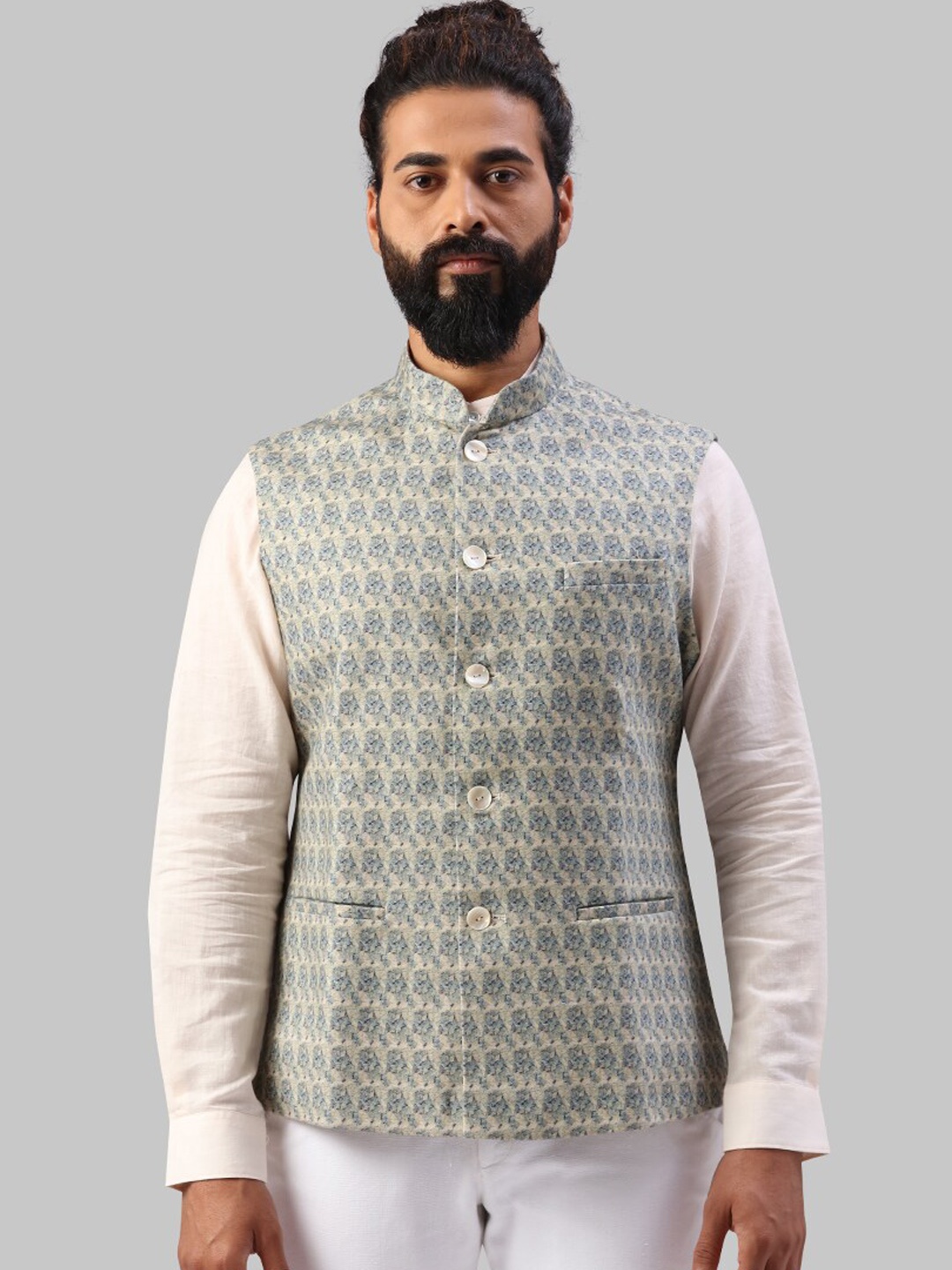 

Ethnix by Raymond Men Beige & Blue Printed Woven Nehru Jacket