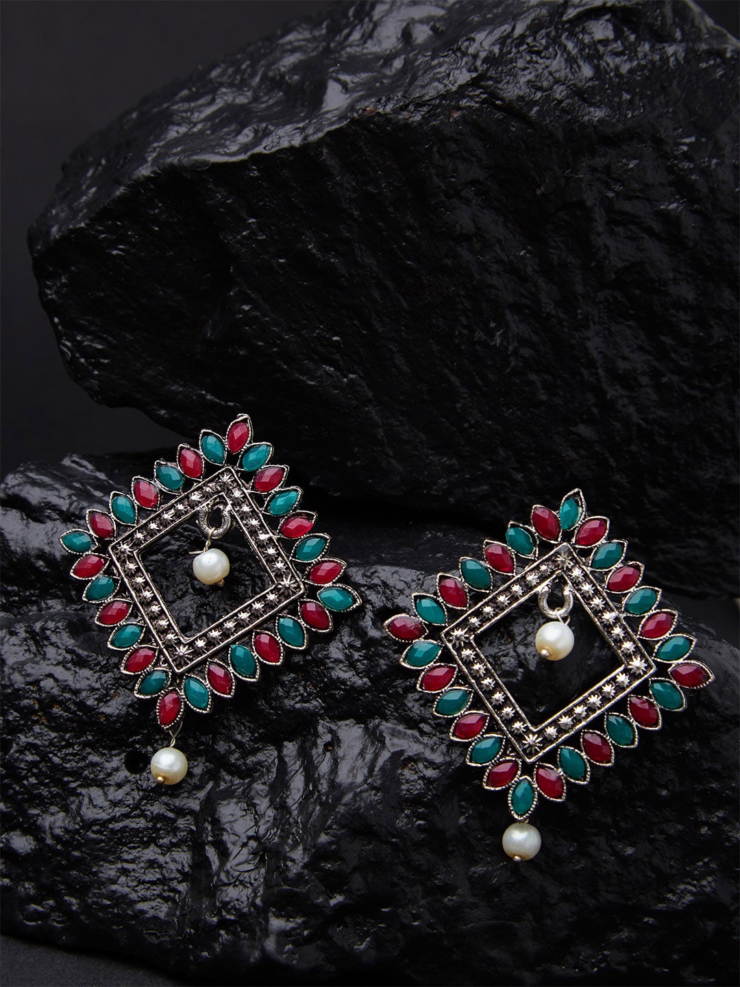 

Fida Silver & Green Diamond Shaped Drop Earrings