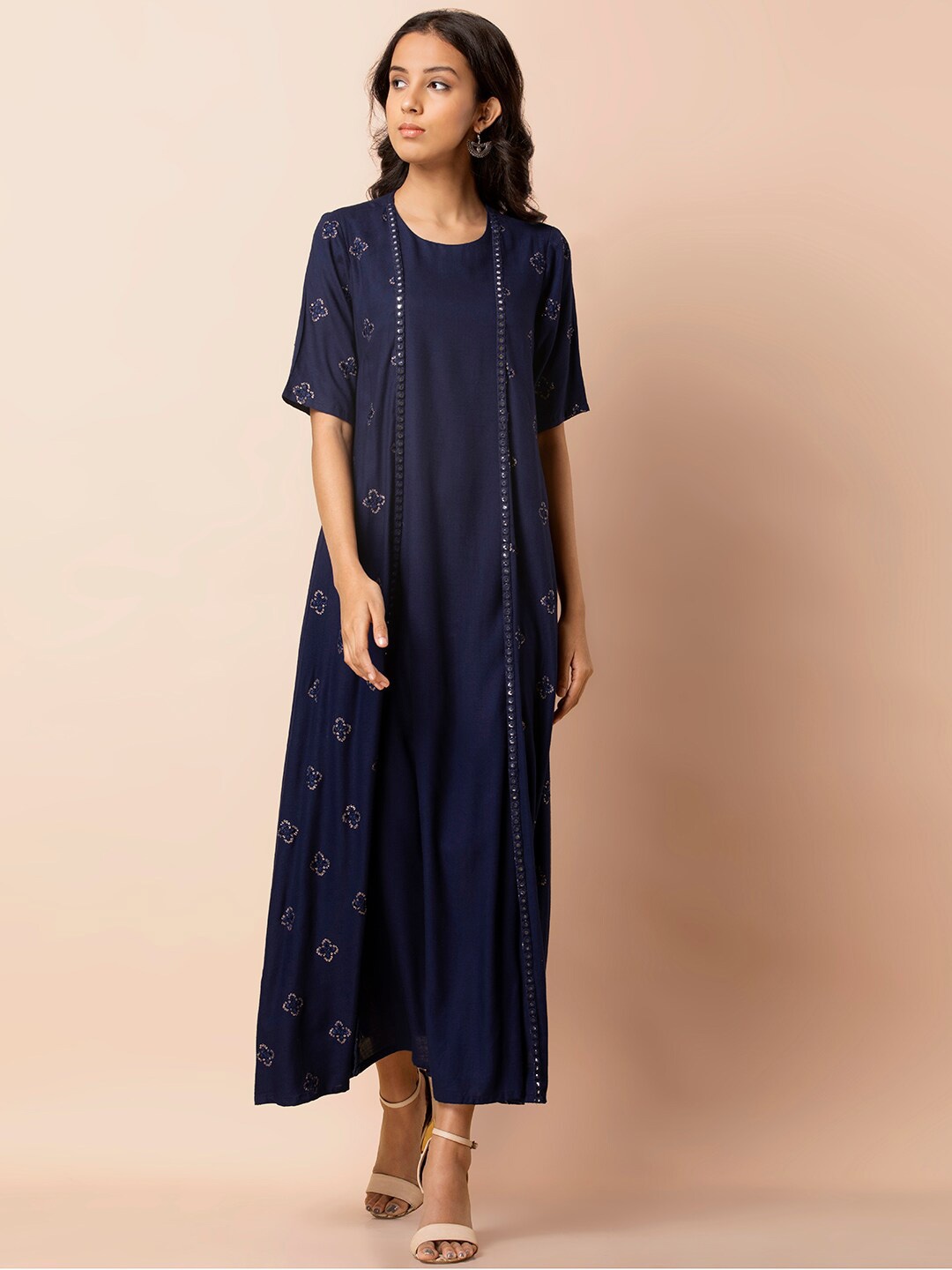 

INDYA Women Navy Blue Embroidered Jacket Tunic
