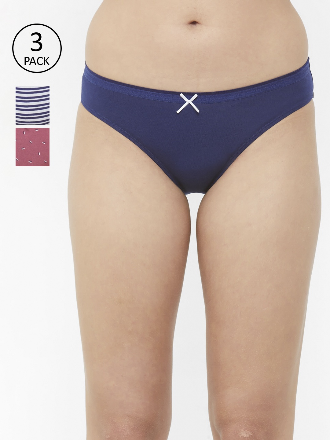 

SOIE Pack of 3 Mid Rise Medium Coverage Solid and Printed Cotton Stretch Briefs, Blue