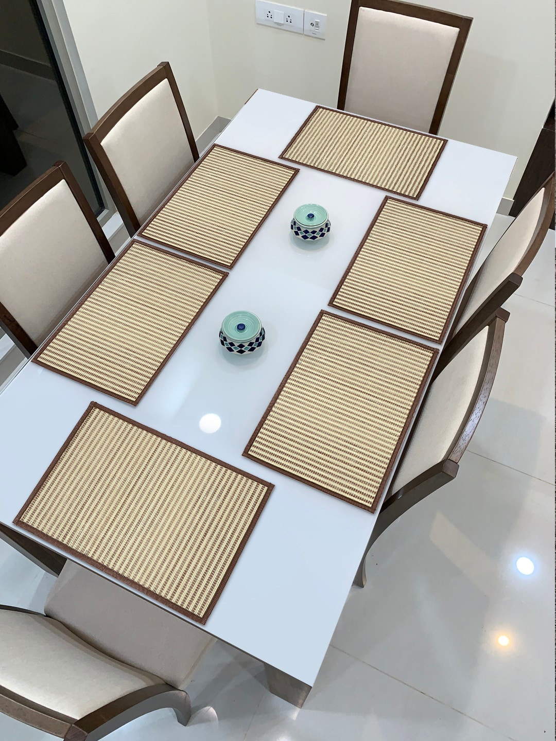 

HOKIPO Set Of 6 Brown Striped Heat Resistant Wooden Table Placemats, Beige