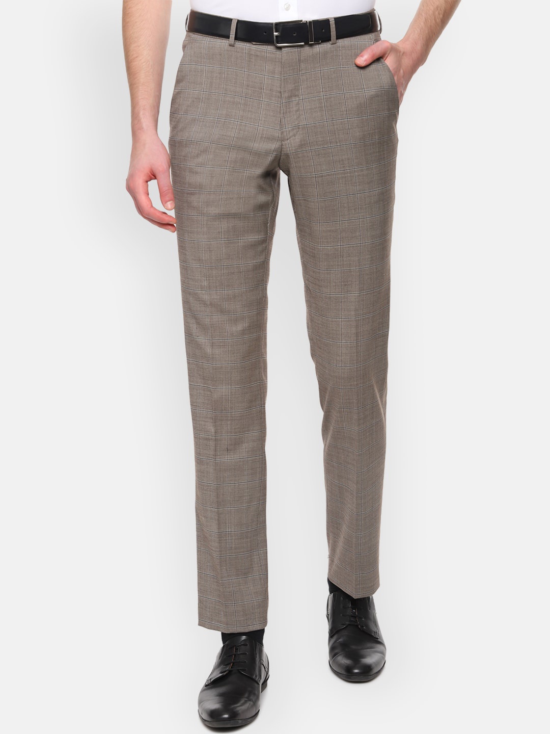 

Luxure by Louis Philippe Men Beige Slim Fit Checked Formal Trousers