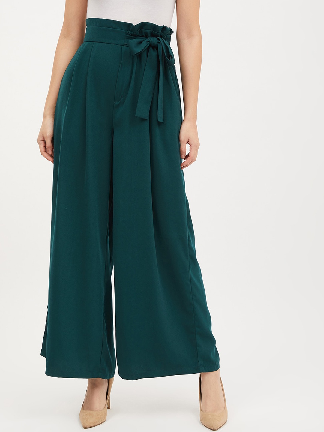

Harpa Women Green Smart Regular Fit Solid Parallel Trousers