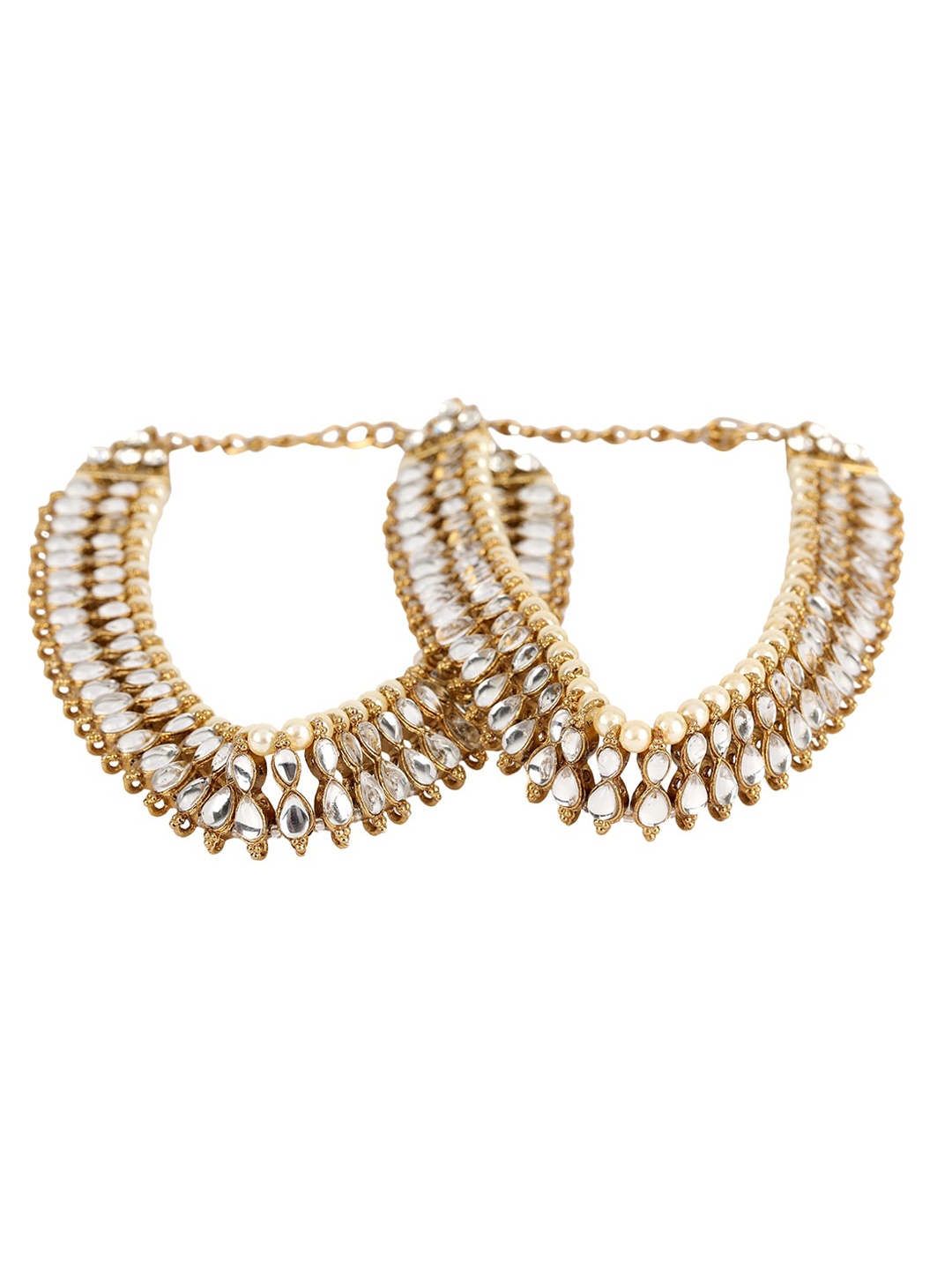 

ANIKAS CREATION Set of 2 Gold-Plated White Kundan-Studded Beaded Vilandi Anklets
