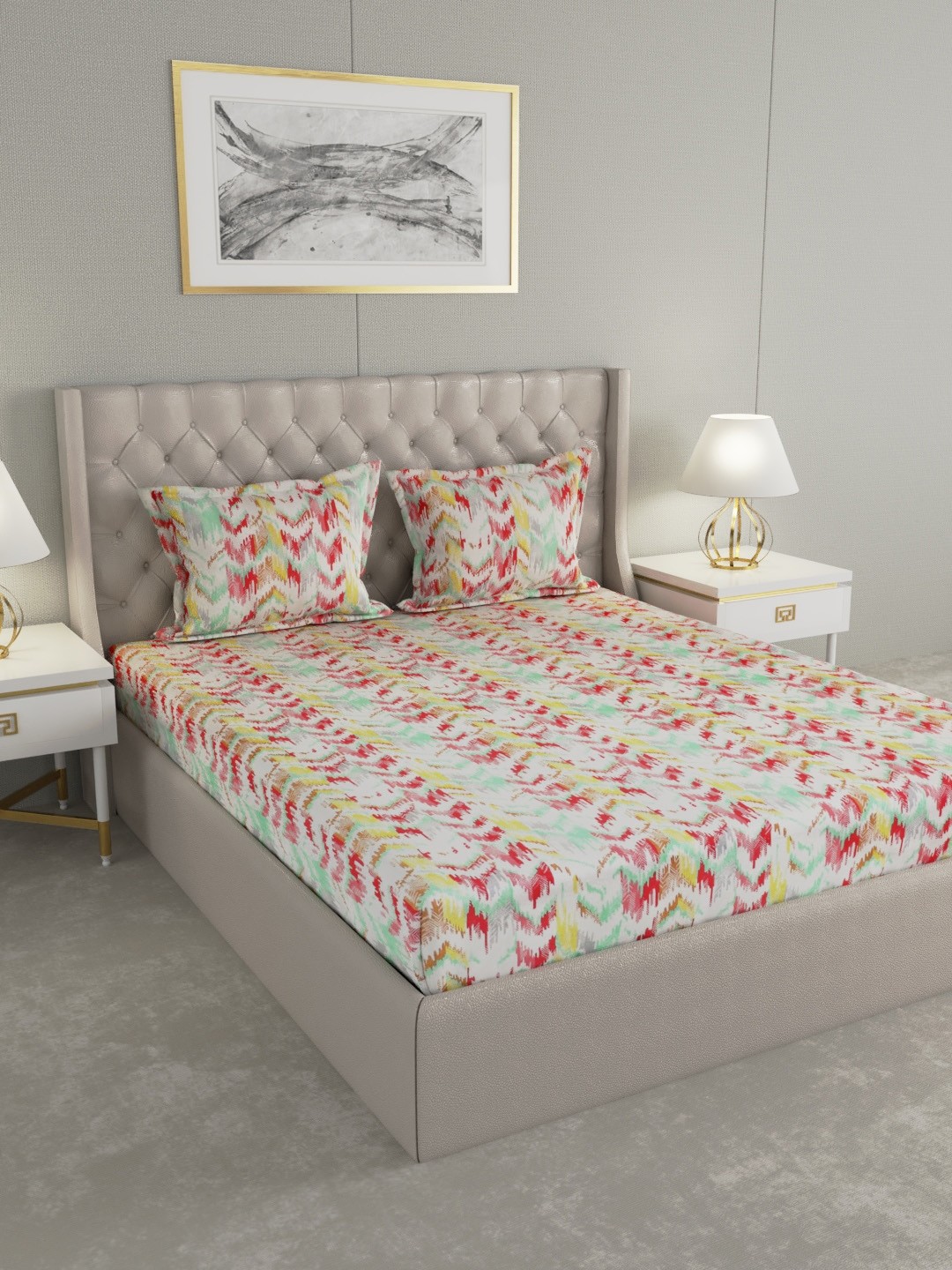 

Raymond Home Multicoloured Abstract 104 TC Cotton 1 Queen Bedsheet with 2 Pillow Covers, Multi