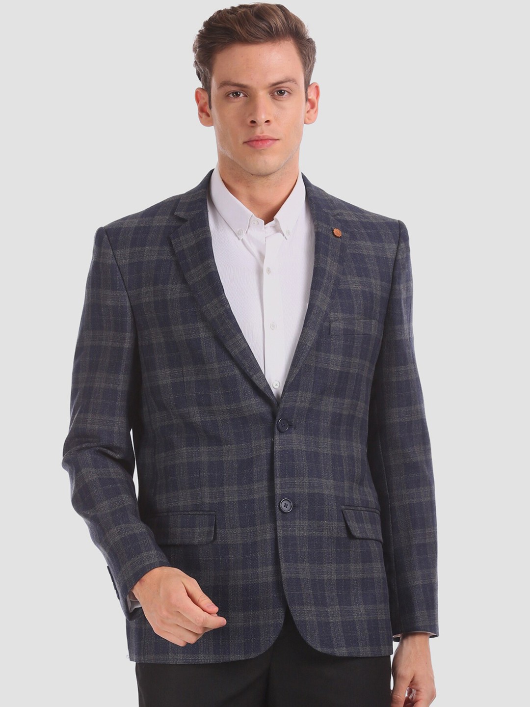 

Arrow Men Blue & Grey Checked Single-Breasted Formal Blazer