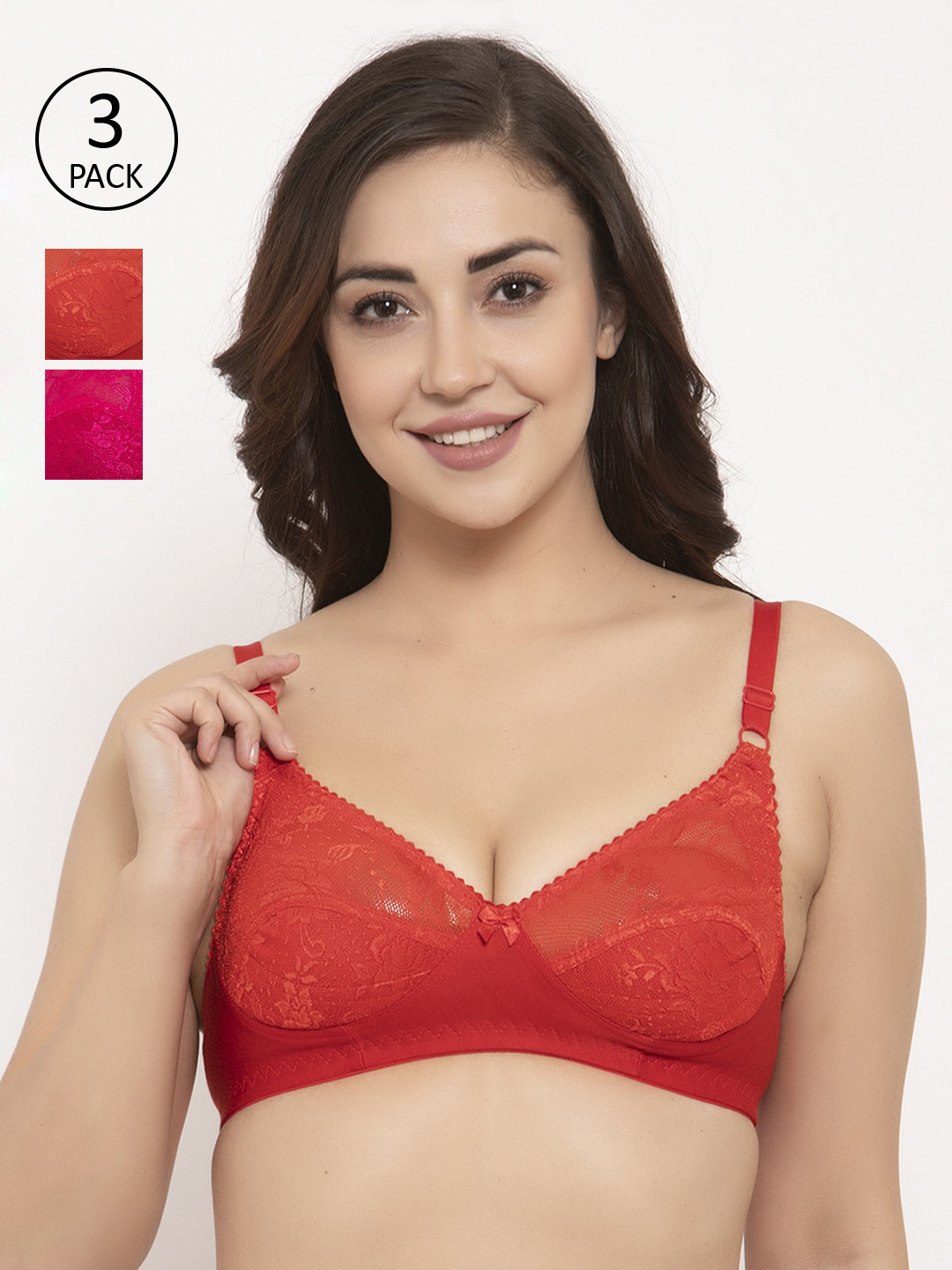 

GRACIT Pack Of 3 Self Design Non-Wired Non Padded Everyday Bras PW3-03-03-07, Red