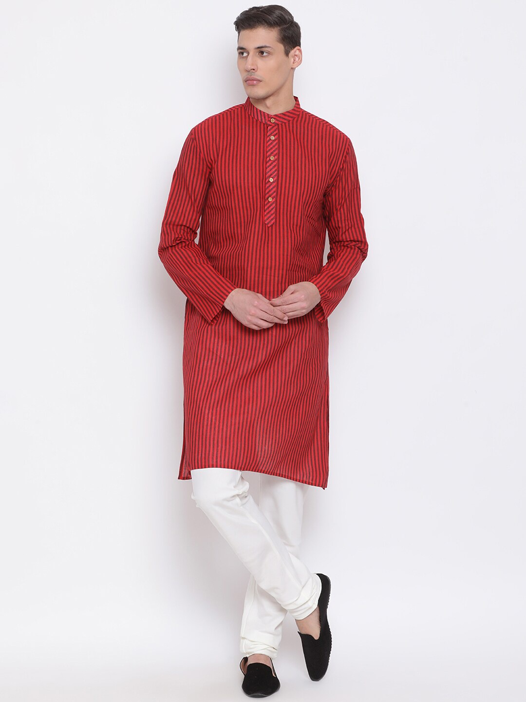 

VASTRAMAY Men Maroon & Cream-Coloured Striped Kurta with Pyjamas