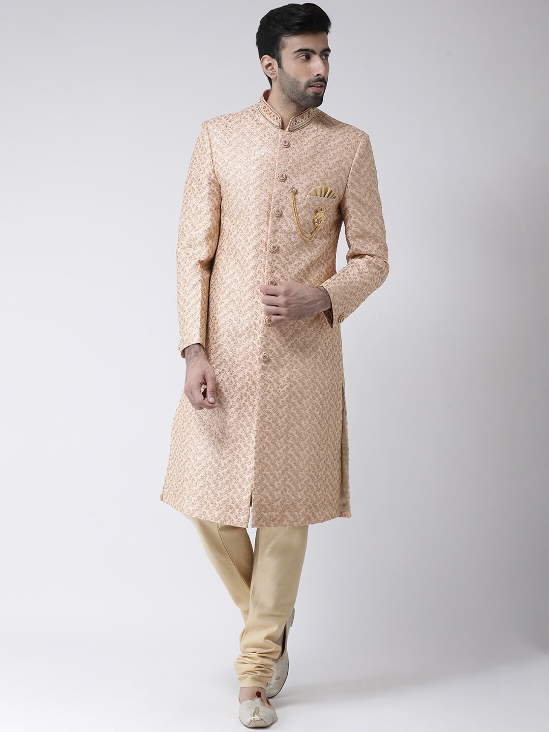 

SG RAJASAHAB Men Peach-Coloured & Beige Sherwani Set