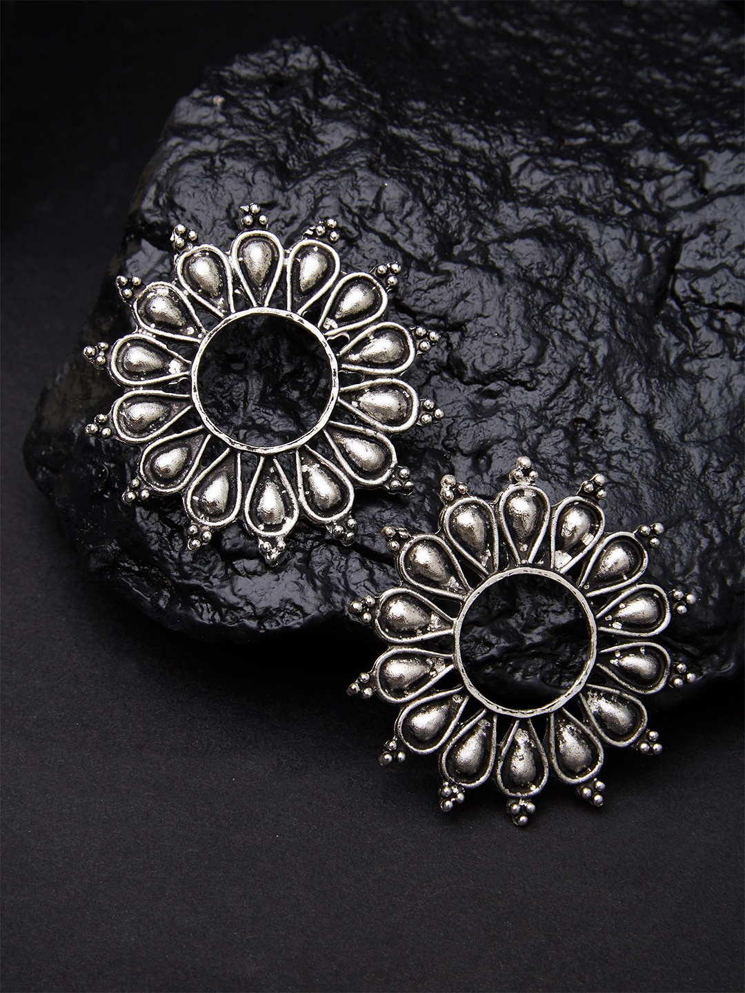 

Fida Silver-Plated Oxidised Circular Drop Earrings