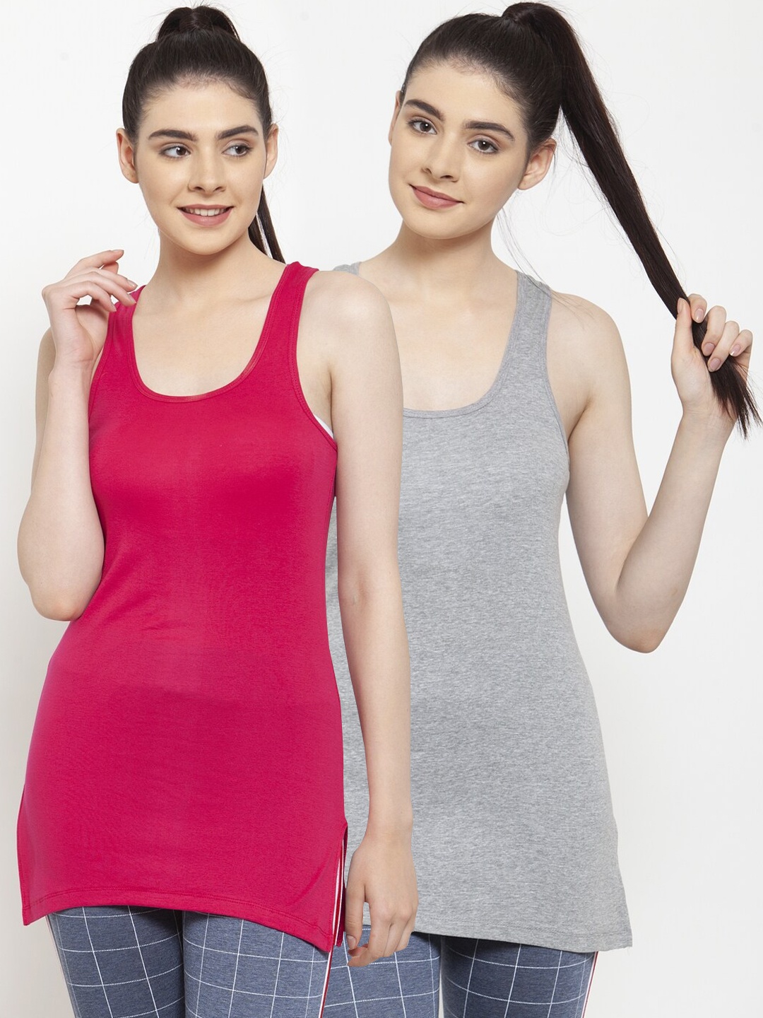 

Friskers Women Pack Of 2 Grey & Pink Solid Tank Top