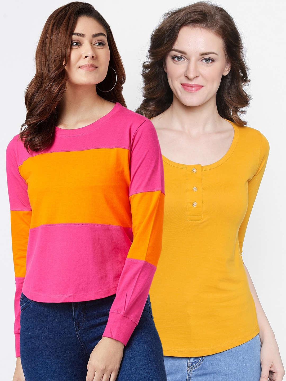

The Dry State Women Pack Of 2 Slim Fit Round Neck T-shirts, Yellow