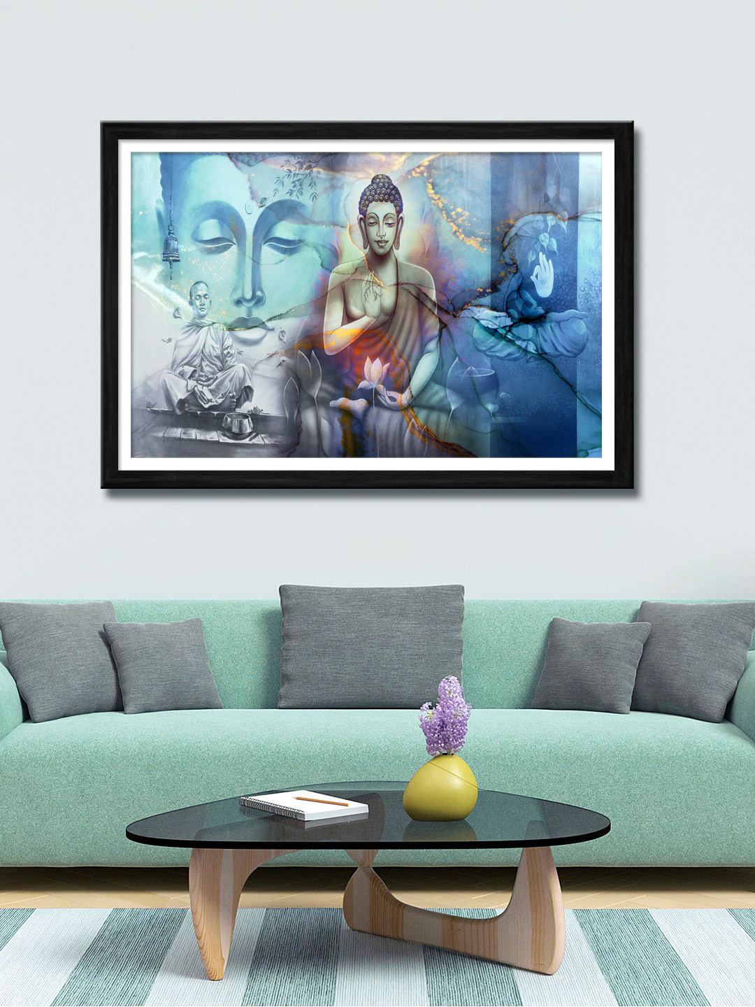 

999Store Blue & Grey Lord Buddha Canvas Painting Wall Art