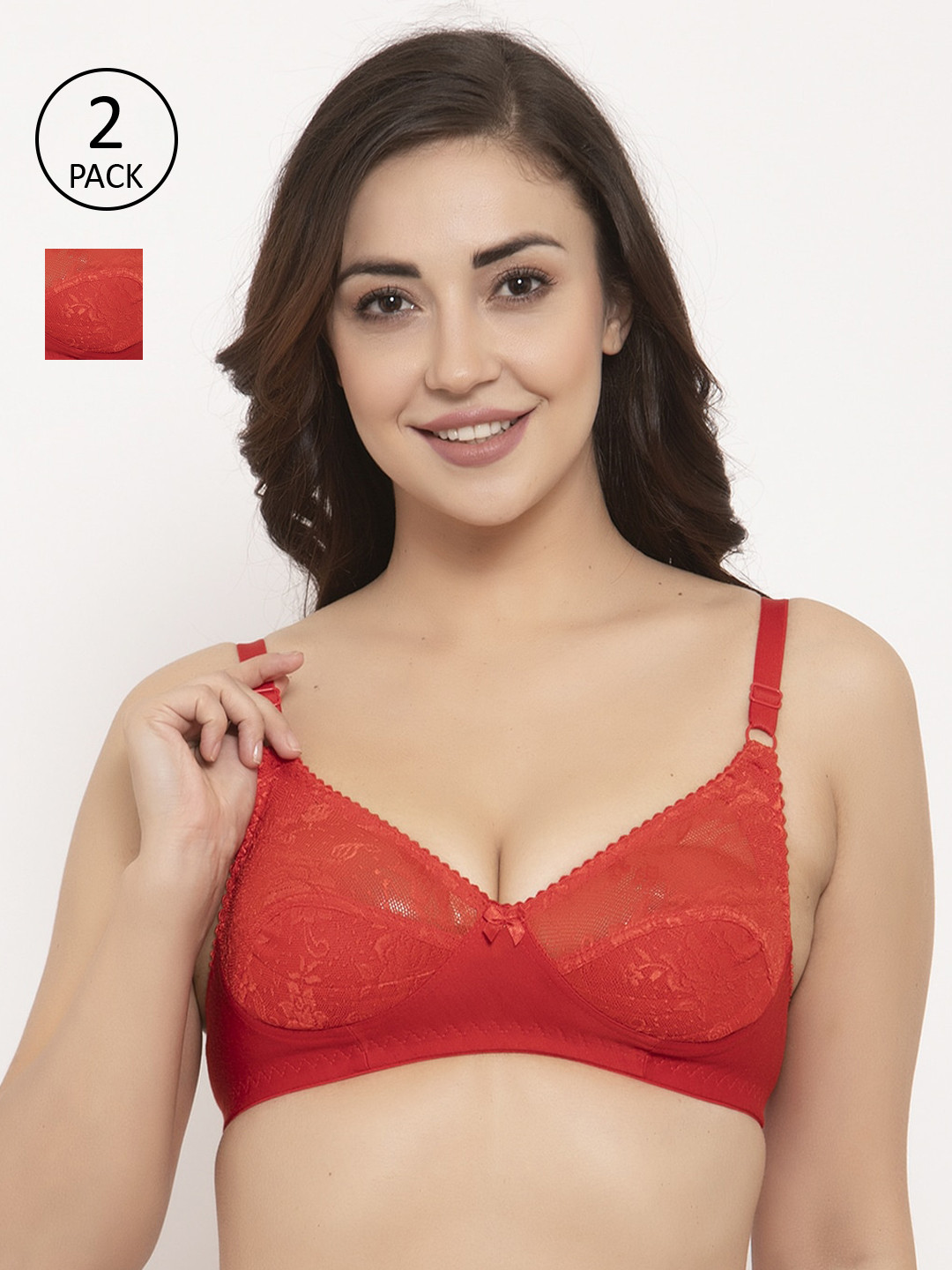 

GRACIT Pack Of 2 Lace Non-Wired Non Padded Balconette Bras PW3-03-03, Red