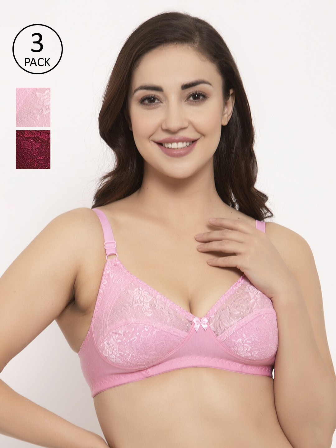 

GRACIT Pack Of 3 Self Design Non-Wired Non Padded Everyday Bras P3-10-10-14-, Pink