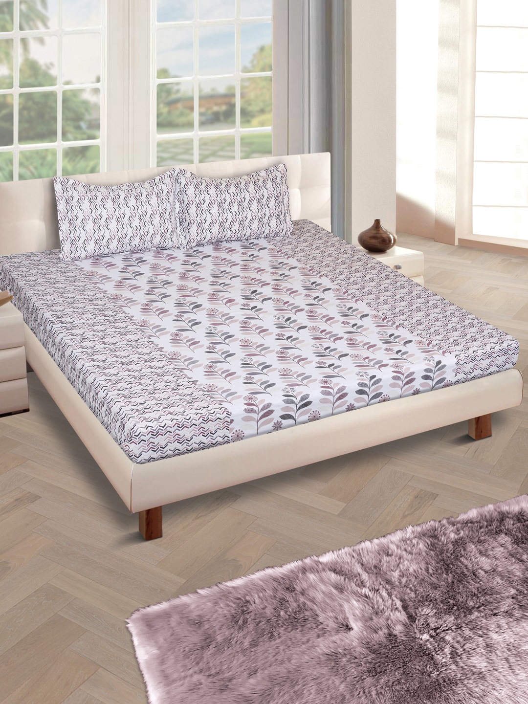 

ROMEE Off-White & Mauve Ethnic Motifs 160 TC Cotton 1 Queen Bedsheet with 2 Pillow Covers
