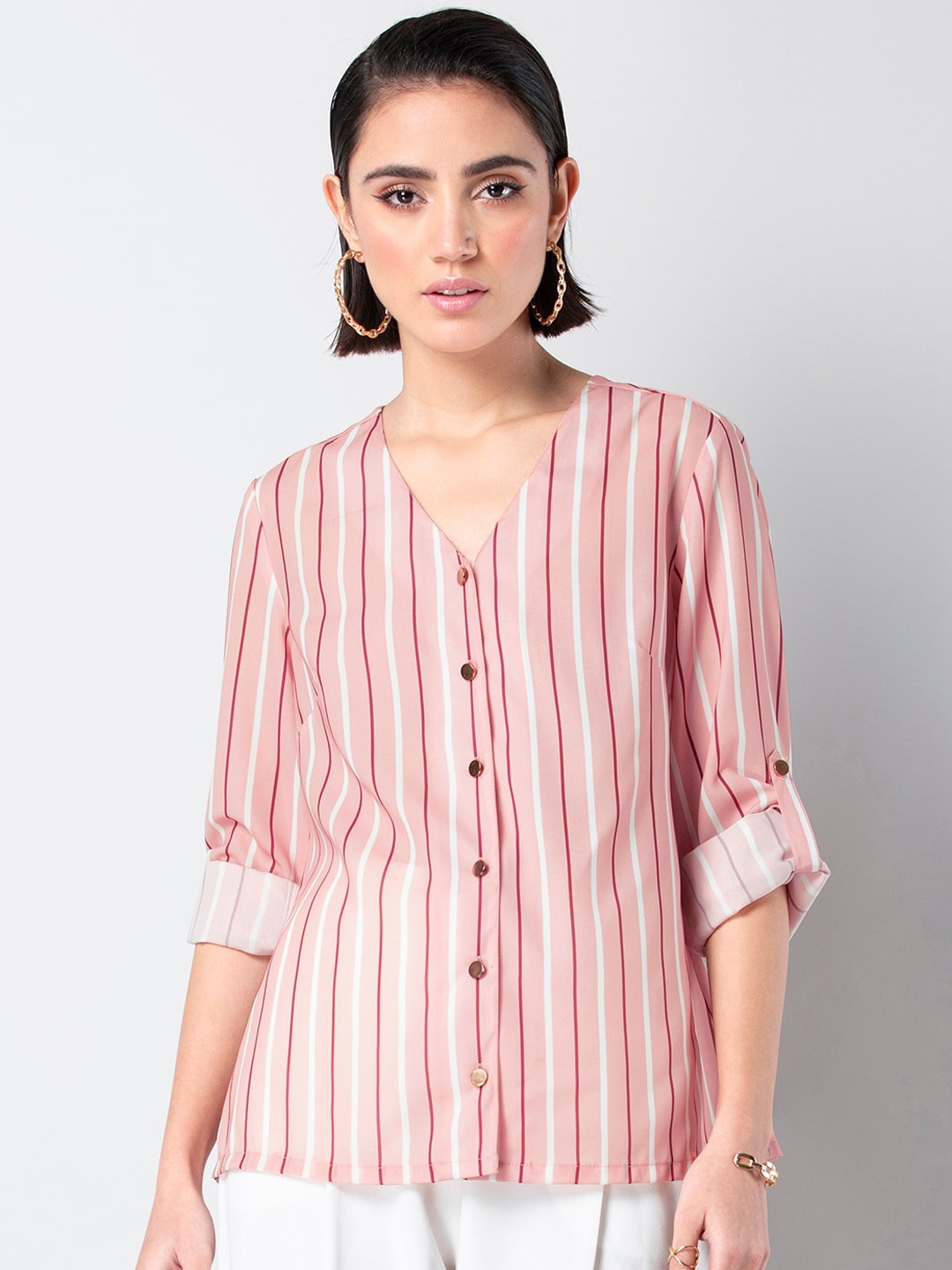 

FabAlley Women Pink Striped Shirt Style Top