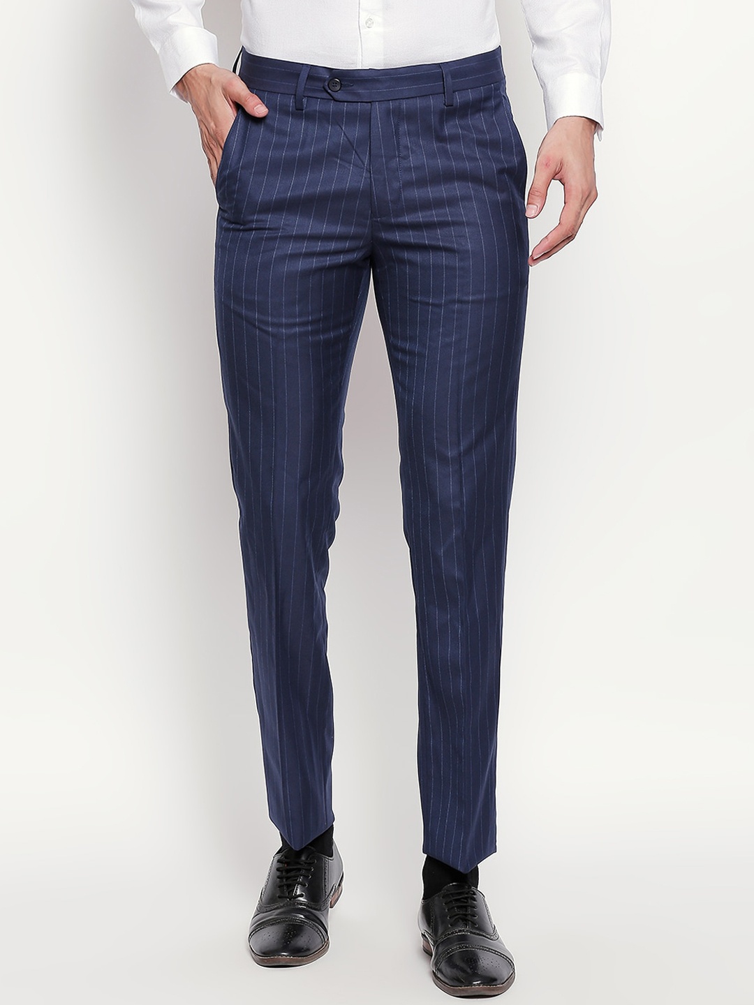 

RICHARD PARKER by Pantaloons Men Navy Blue Slim Fit Striped Formal Trousers