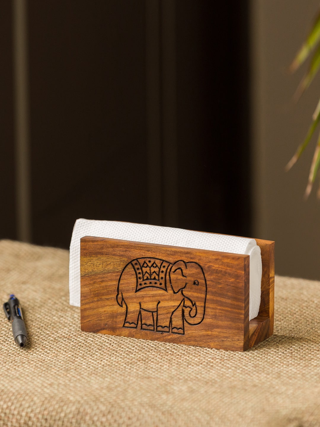 

ExclusiveLane Brown The Elephant Warriors Hand Carved Wooden Tissue Napkin Holder