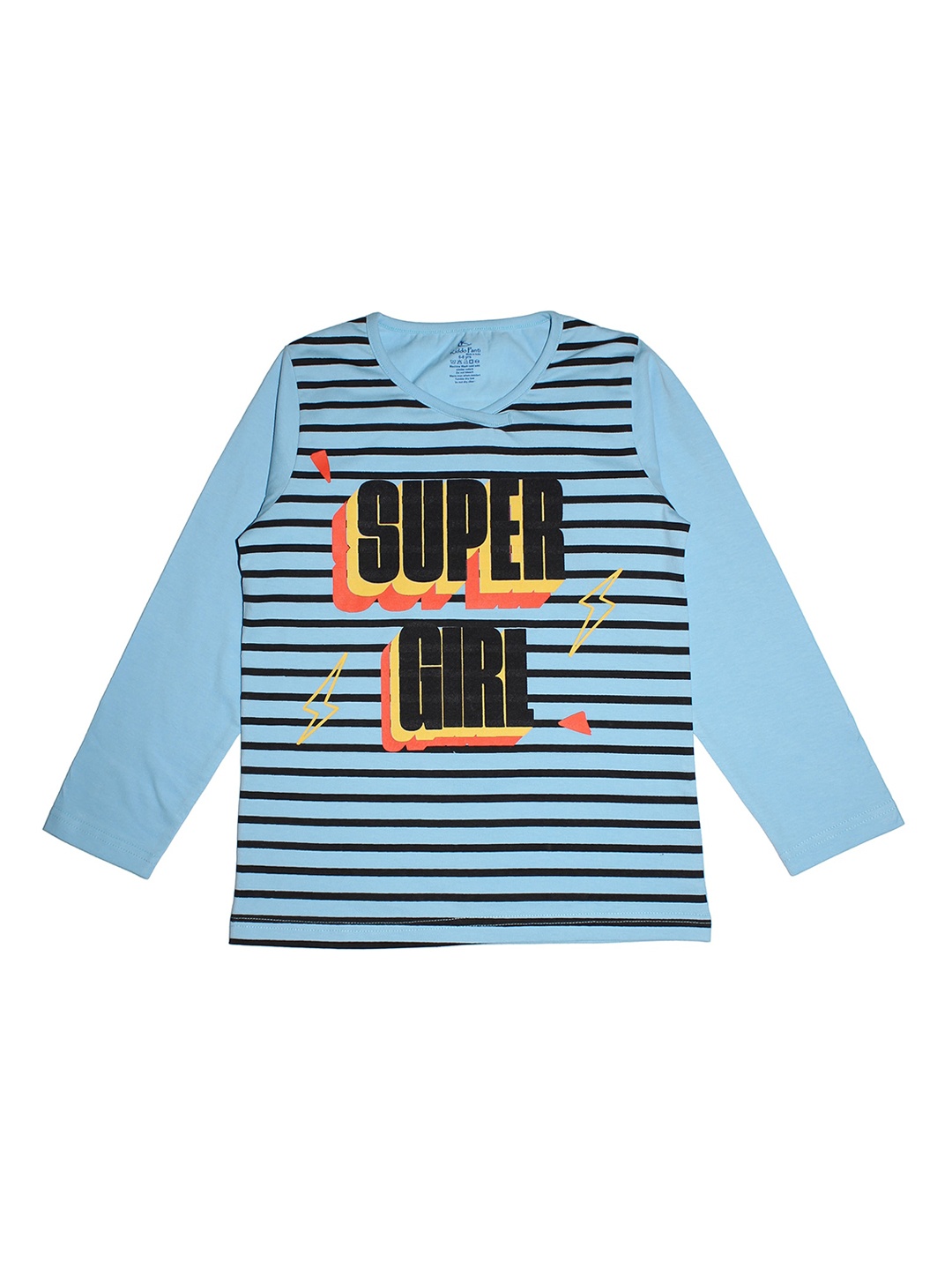 

KiddoPanti Girls Blue Black Striped Round Neck Pure Cotton T-shirt