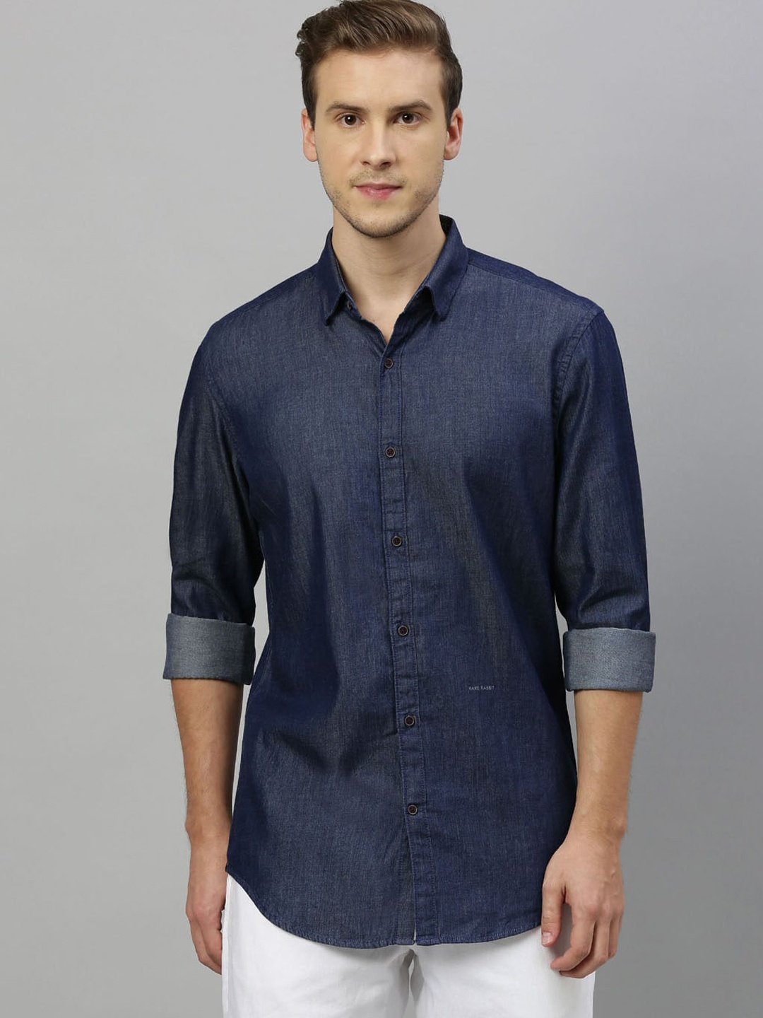 

RARE RABBIT Men Blue Tailored Fit Solid Casual Shirt, Navy blue