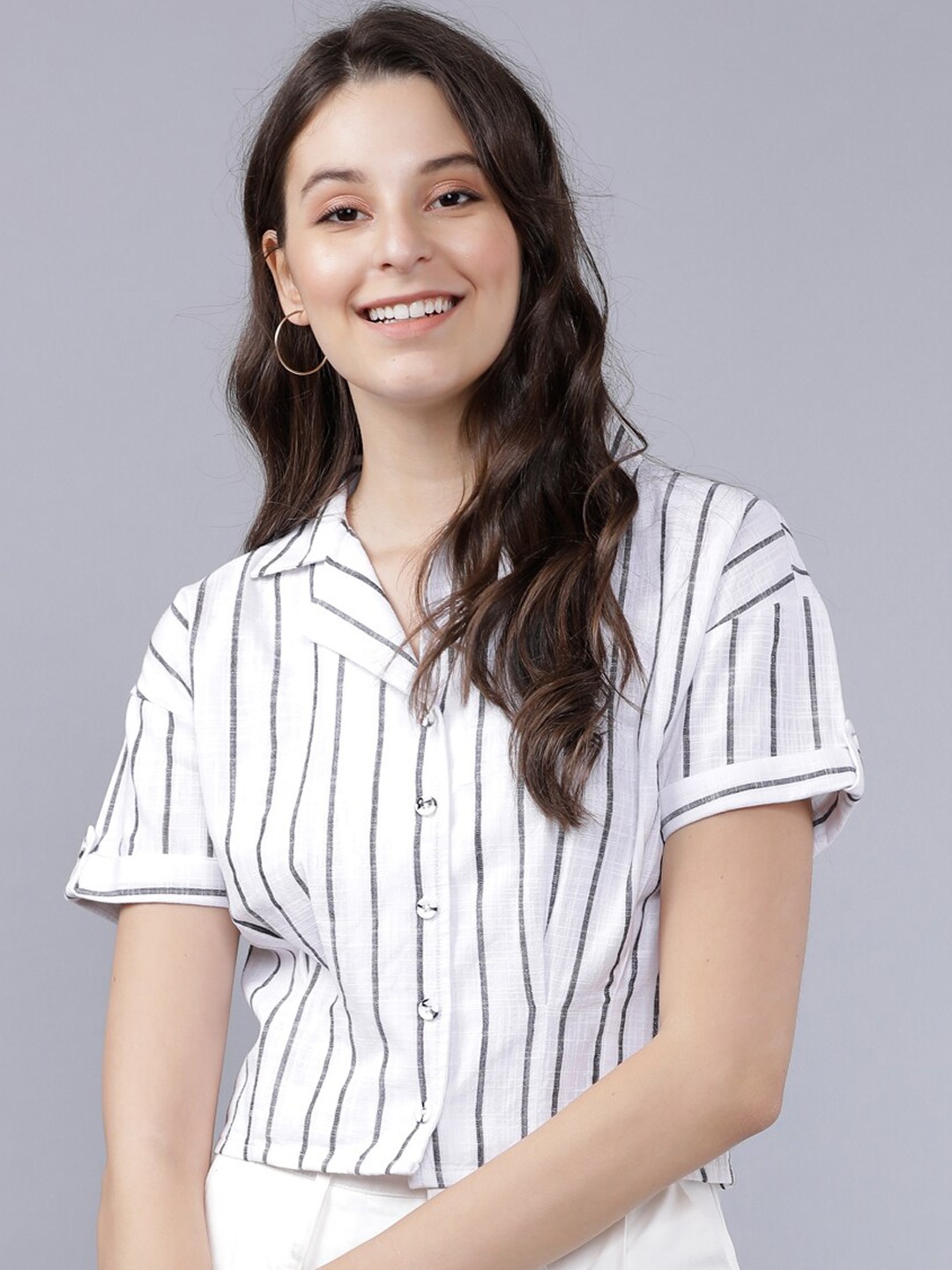 

Tokyo Talkies Women White & Grey Regular Fit Striped Crop Casual Shirt