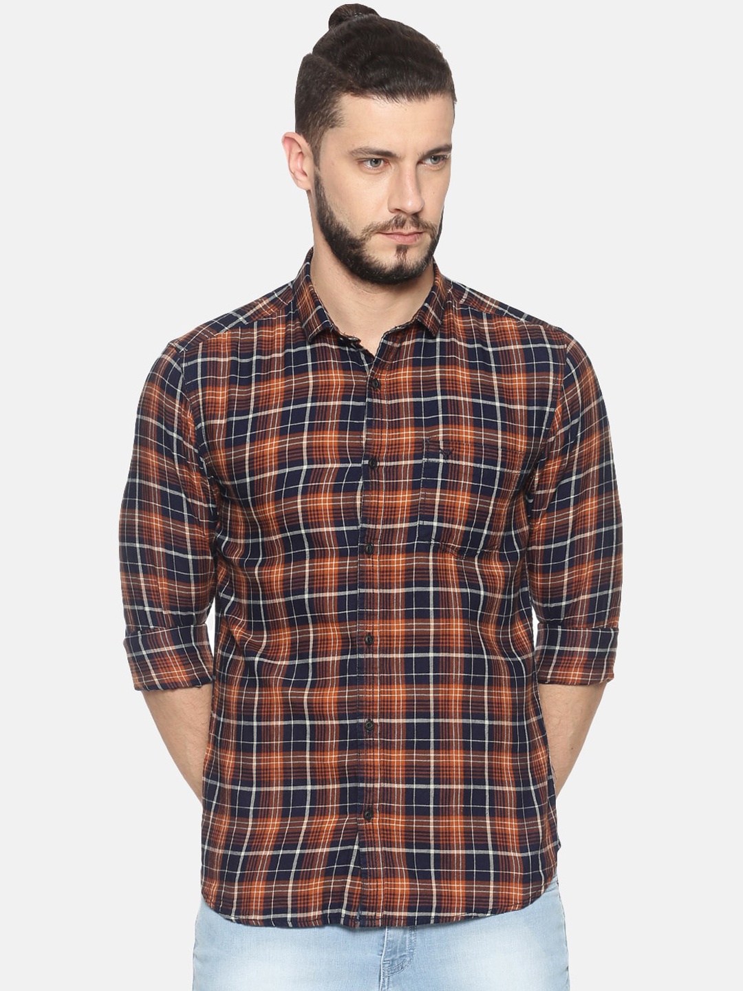 

SHOWOFF Men Navy Blue & Brown Slim Fit Checked Casual Shirt