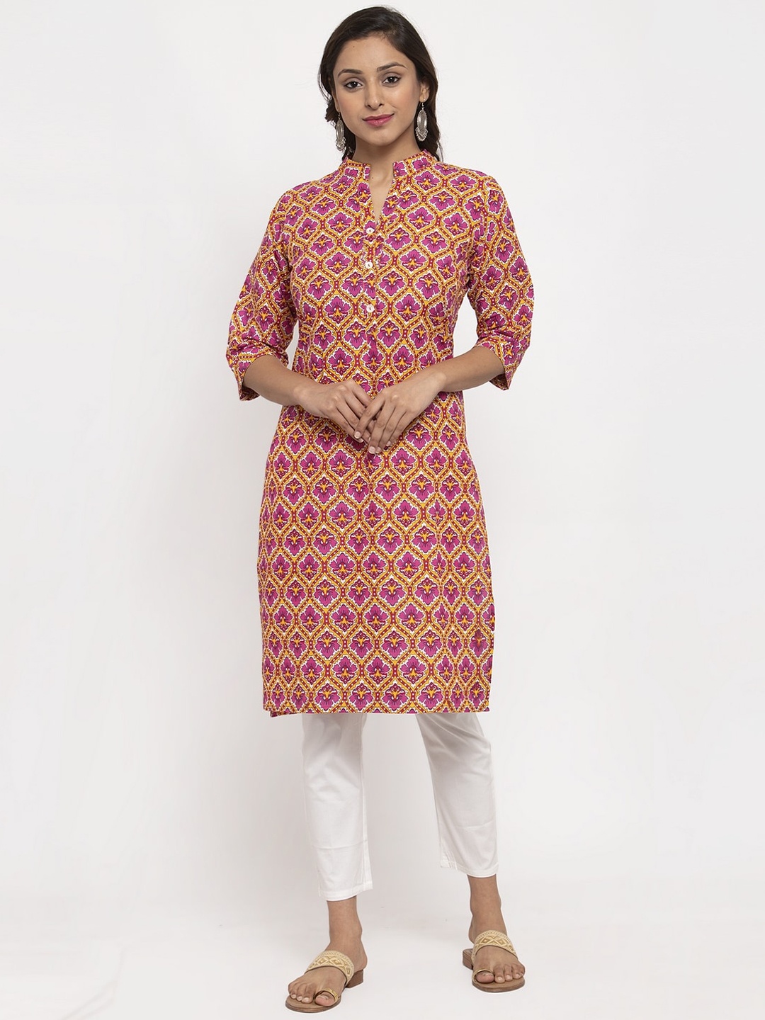 

TAG 7 Women Pink & White Printed Straight Kurta