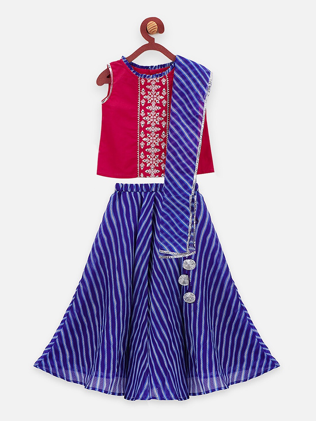 

LilPicks Girls Red & Blue Embroidered Ready to Wear Lehenga & Blouse with Dupatta