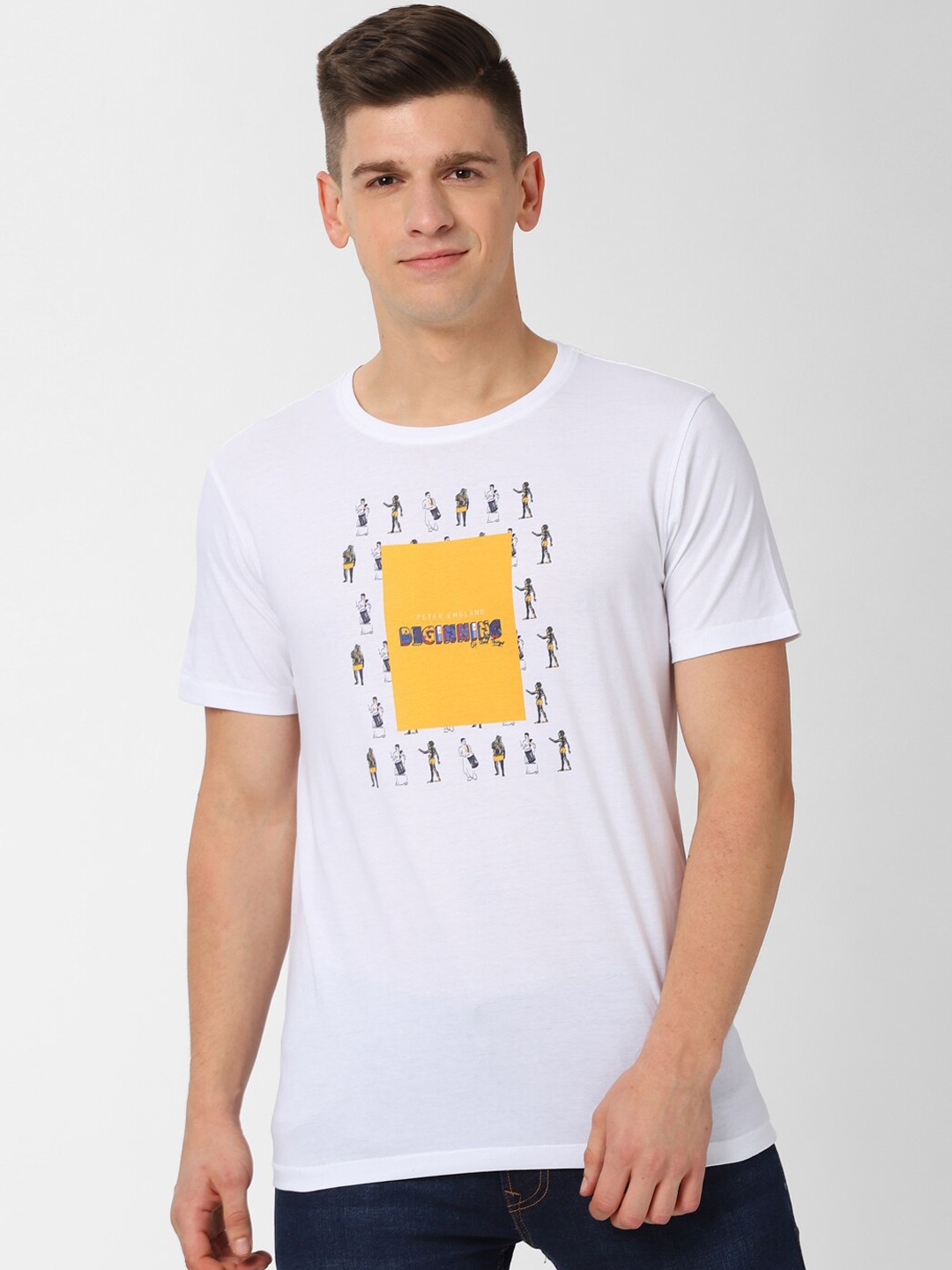 

Peter England Men White Printed Round Neck Pure Cotton T-shirt