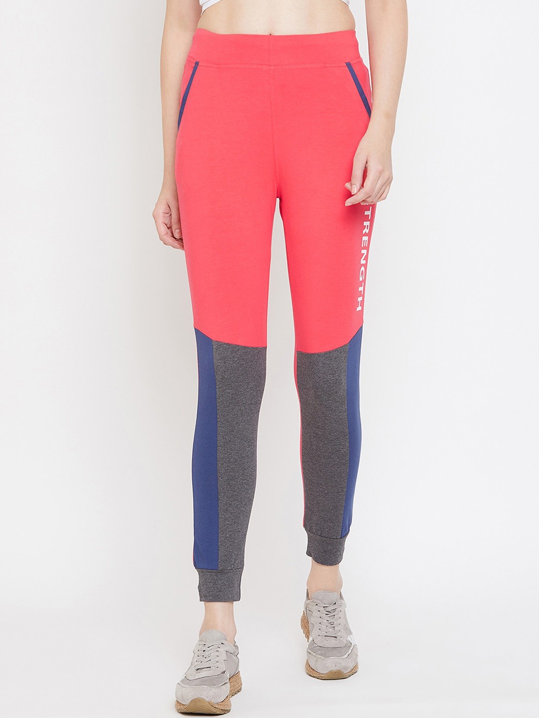 

C9 AIRWEAR Women Coral Pink, Grey and Blue Colourblocked Slim-Fit Joggers