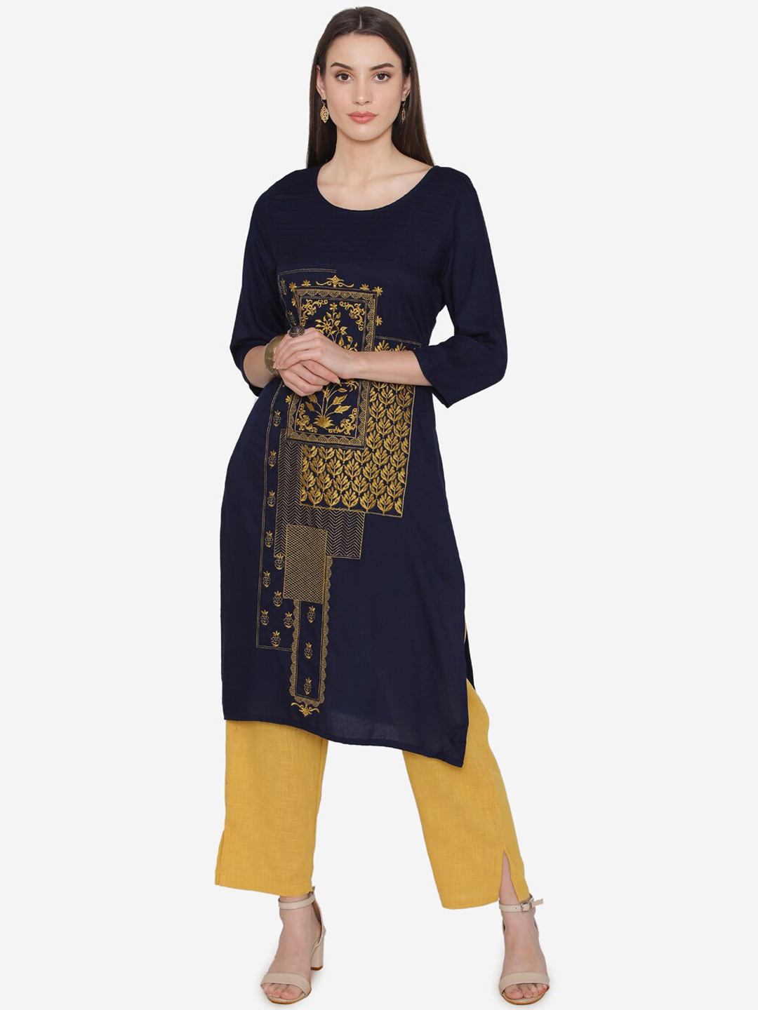 

Kifahari Women Navy Blue Ethnic Motifs Printed Regular Kurta with Trousers