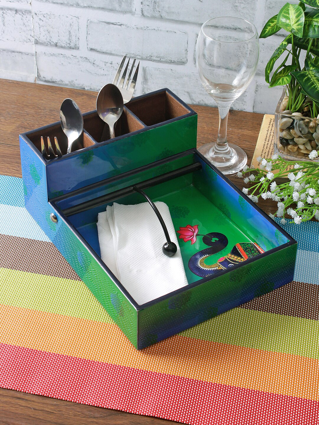 

Green Color Digital Printed MDF Cutlery and Tissue Holder
