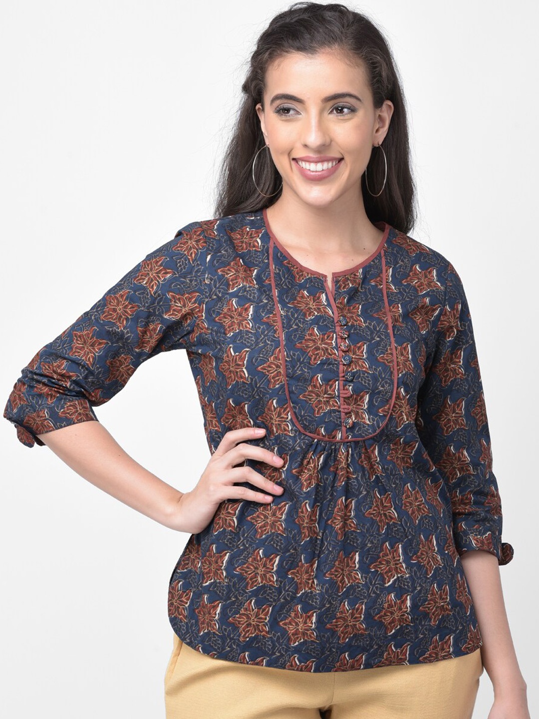 

aayusika Navy Blue Bagaru Handblock Print Straight Top
