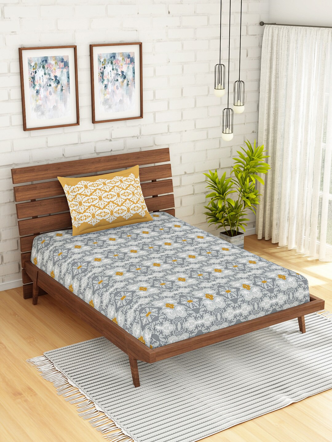 

SPACES Grey & White Ethnic Motifs 210 TC Cotton 1 Single Bedsheet with 1 Pillow Cover