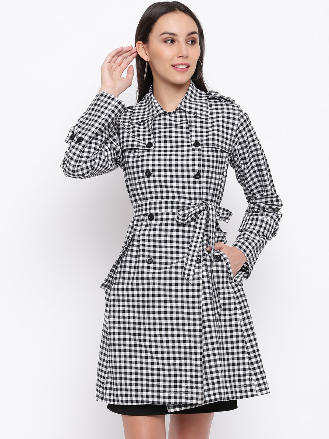 

FABNEST Women Black & White Checked Trench Coat