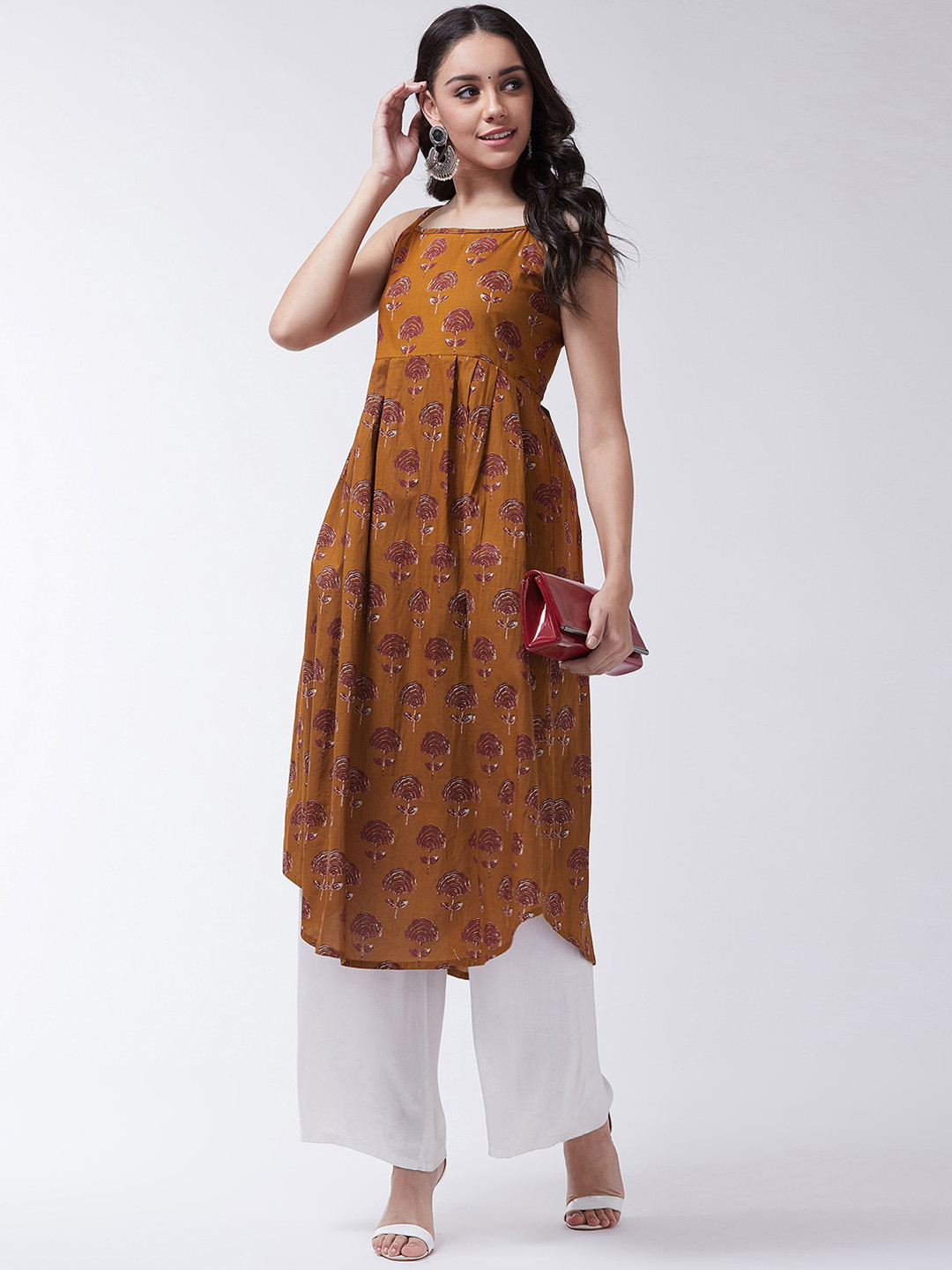 

InWeave Women Mustard Yellow & Brown Printed A-Line Kurta