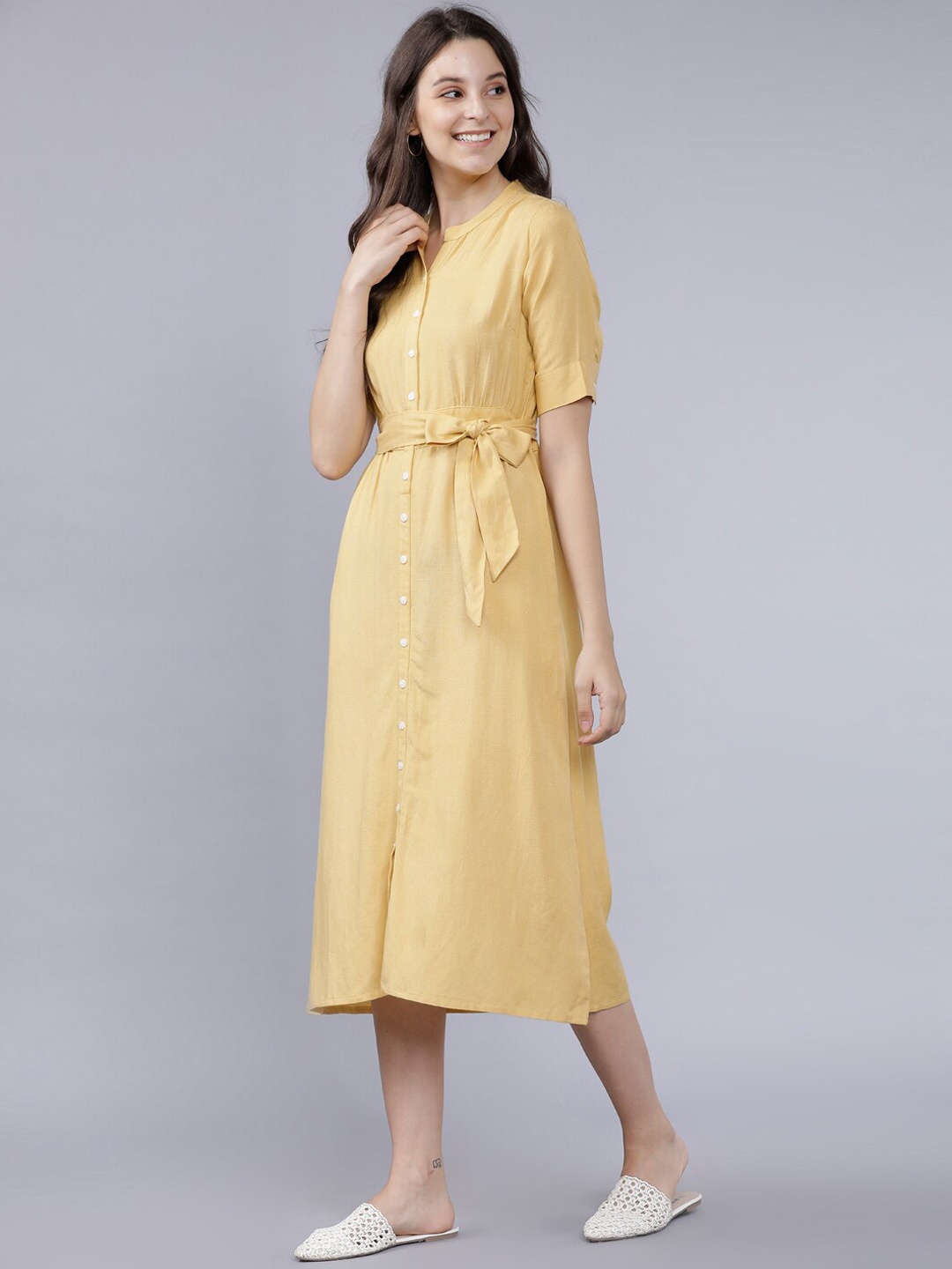Tokyo Talkies Women Mustard Yellow Solid Shirt Dress