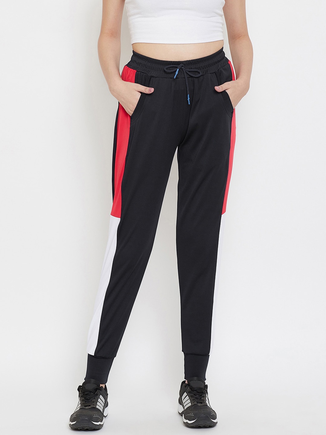 

CHROME & CORAL Women Black & Red Colourblocked Joggers