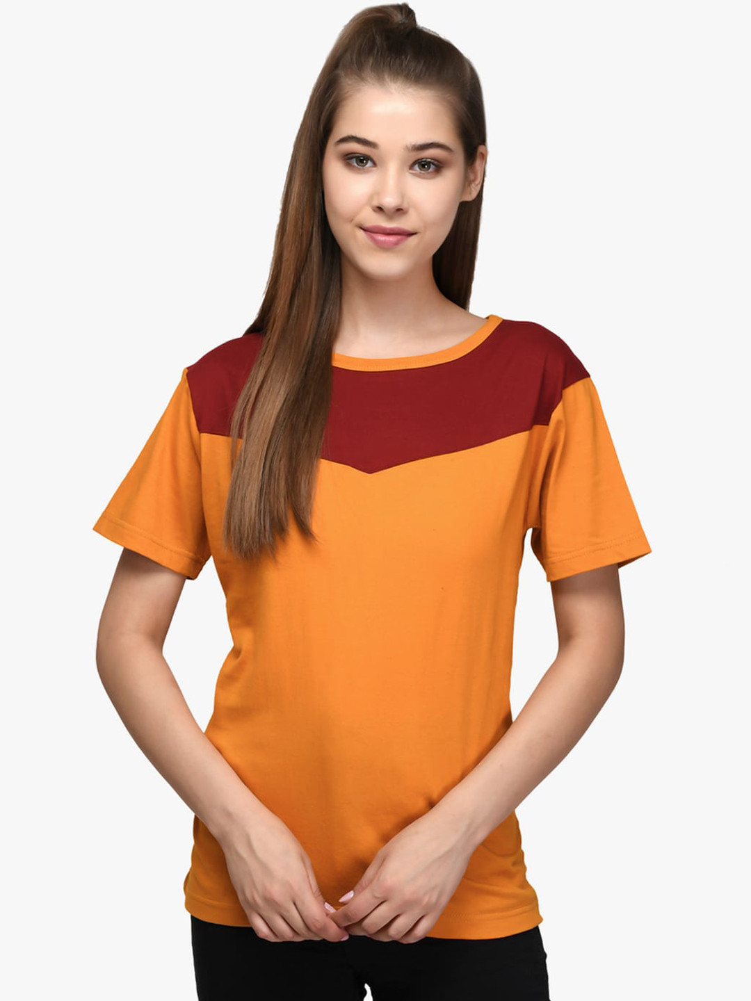 

Kotty Women Maroon & Orange Colourblocked Boat Neck T-shirt