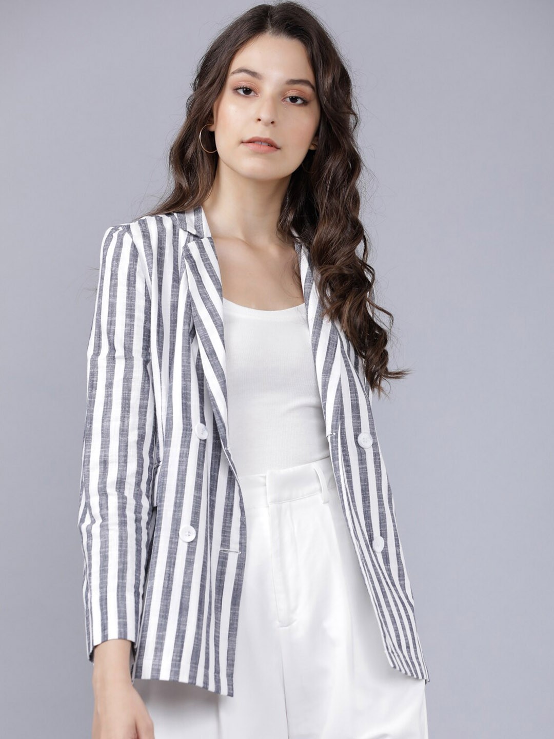

Tokyo Talkies Women Grey & White Striped Double-Breasted Casual Blazer