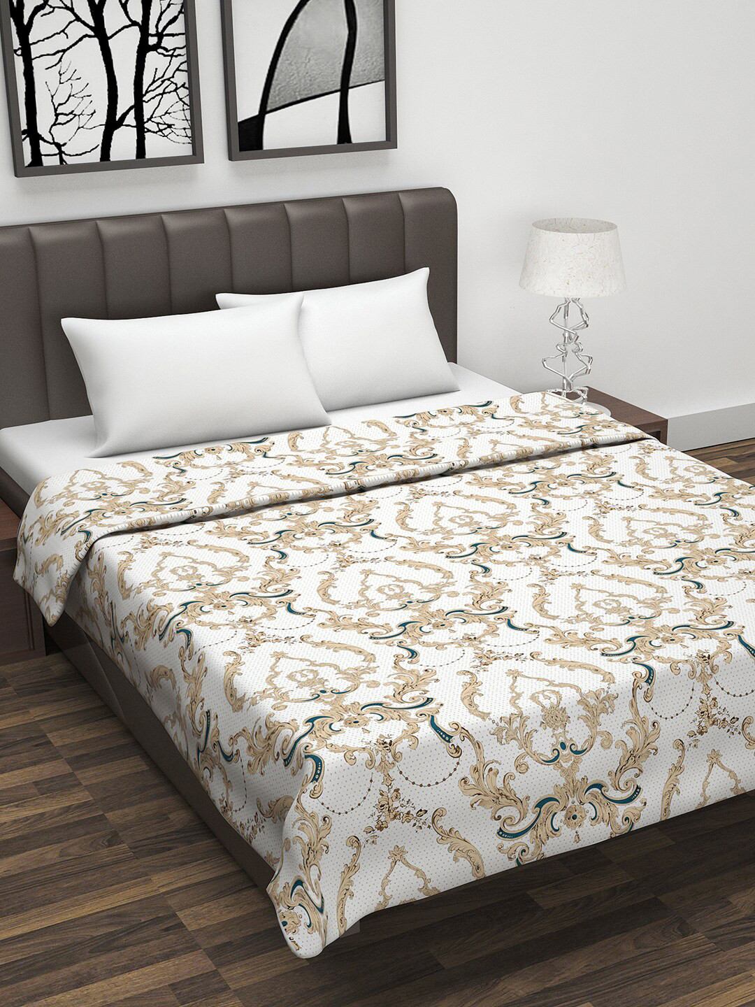 

Divine Casa White & Brown Abstract AC Room 110 GSM Double Bed Dohar