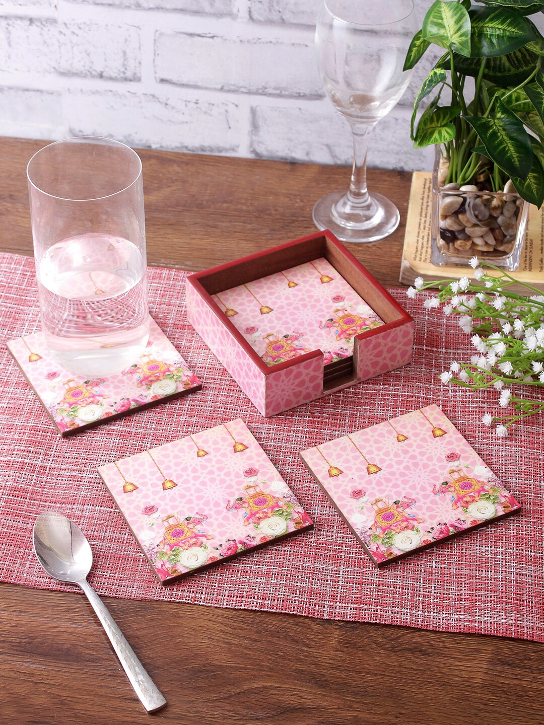 

eyda Set Of 6 Pink & Yellow Digital Printed Square Wooden Coasters With Holder