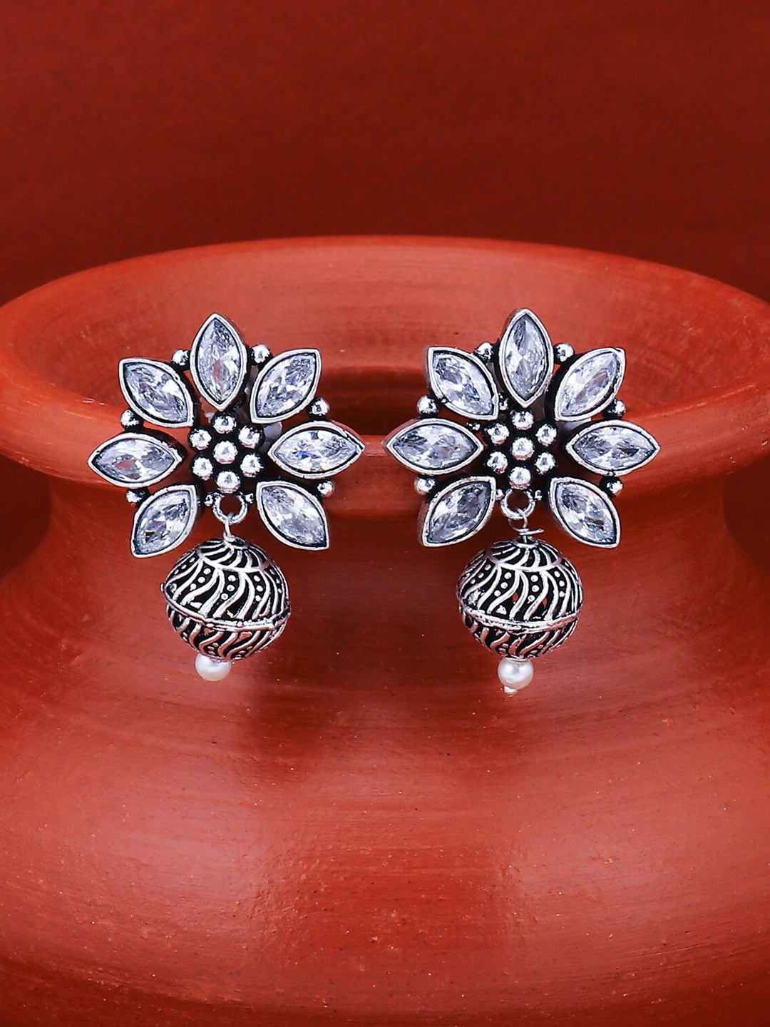 

Sukkhi Silver-Toned Rhodium-Plated Oxidised Classic Drop Earrings