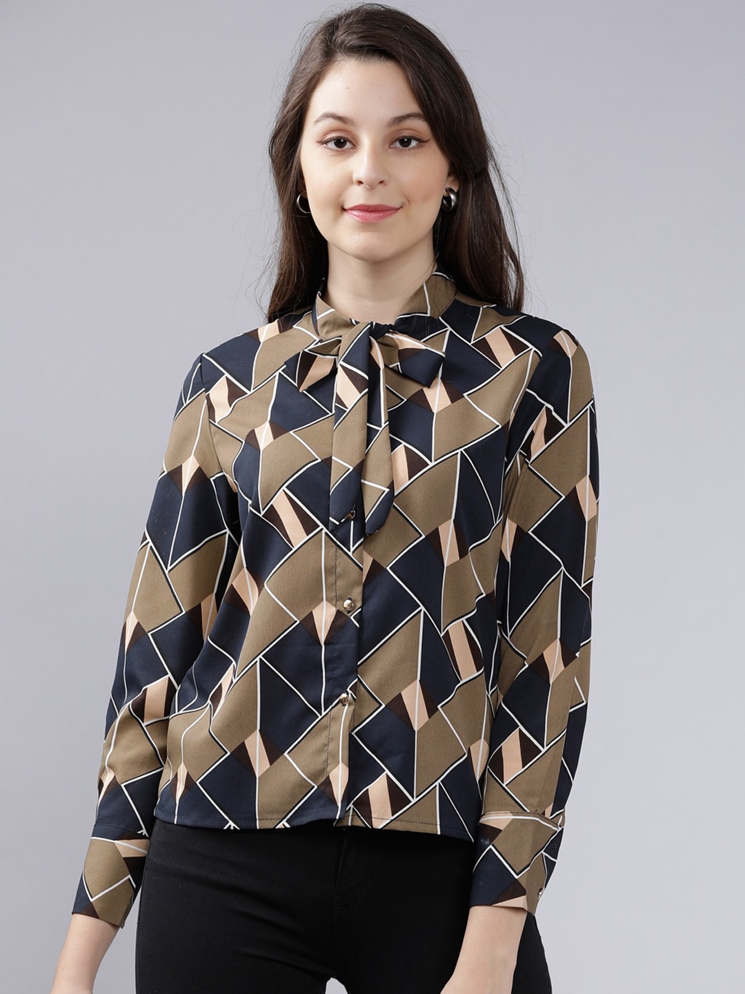 

Tokyo Talkies Women Navy Blue & Brown Printed Shirt Style Top