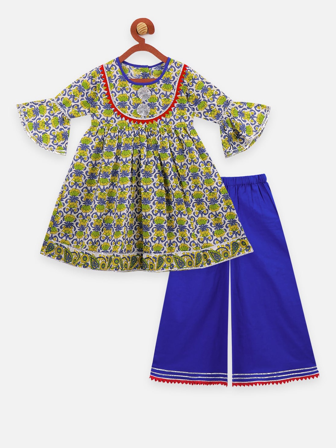 

LilPicks Girls White & Green Printed Kurta with Blue Palazzos
