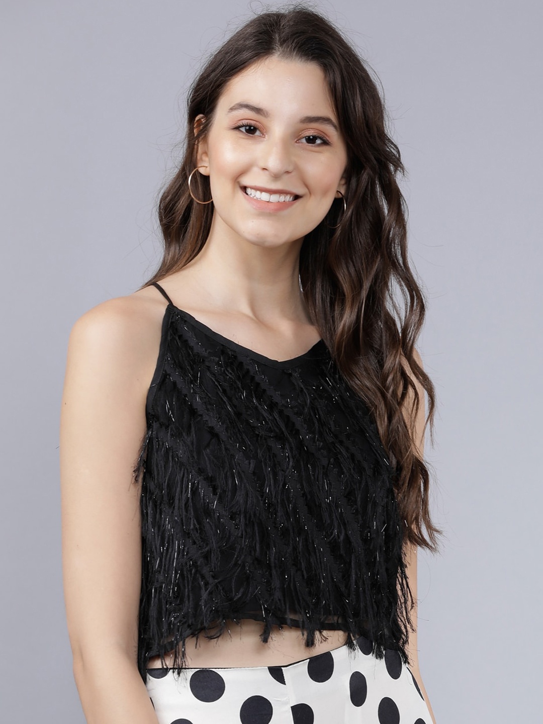 

Tokyo Talkies Women Black Self Design A-Line Crop Top