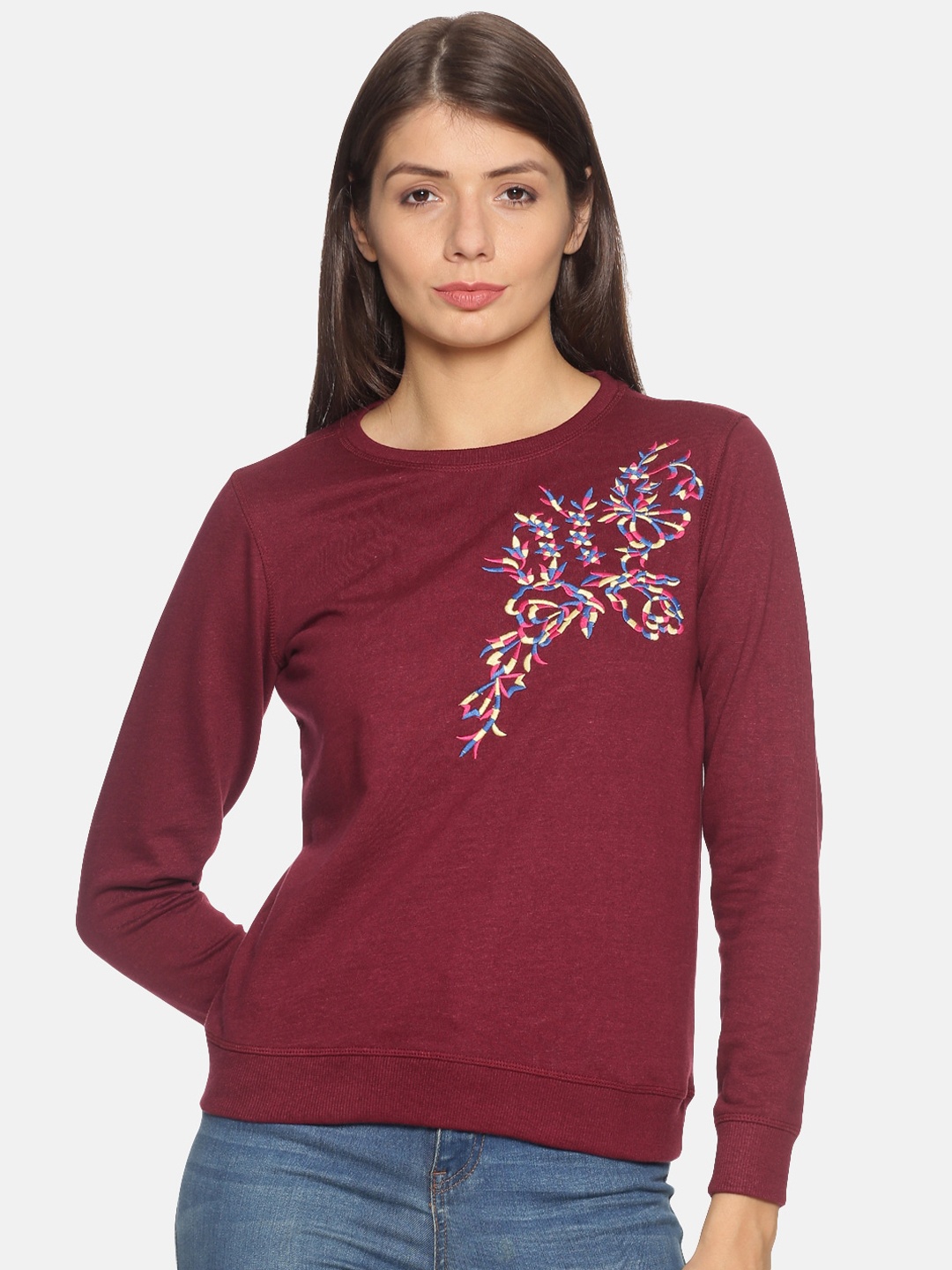 

Kryptic Women Burgundy Embroidered Sweatshirt