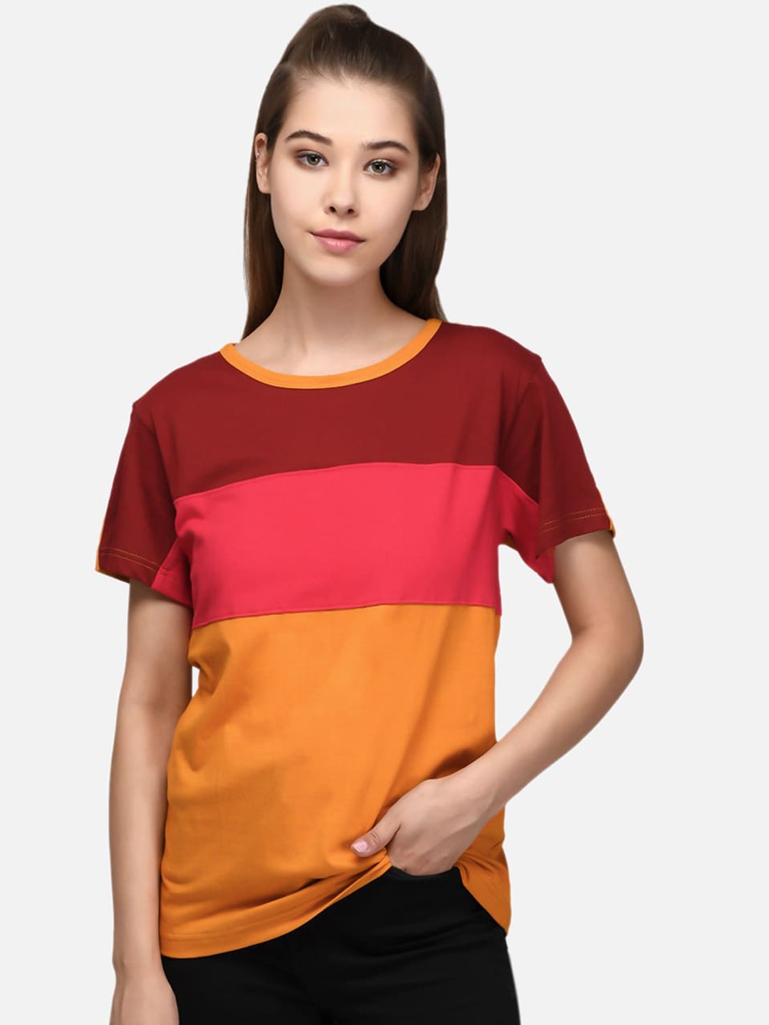 

Kotty Women Maroon & Yellow Colourblocked Round Neck T-shirt
