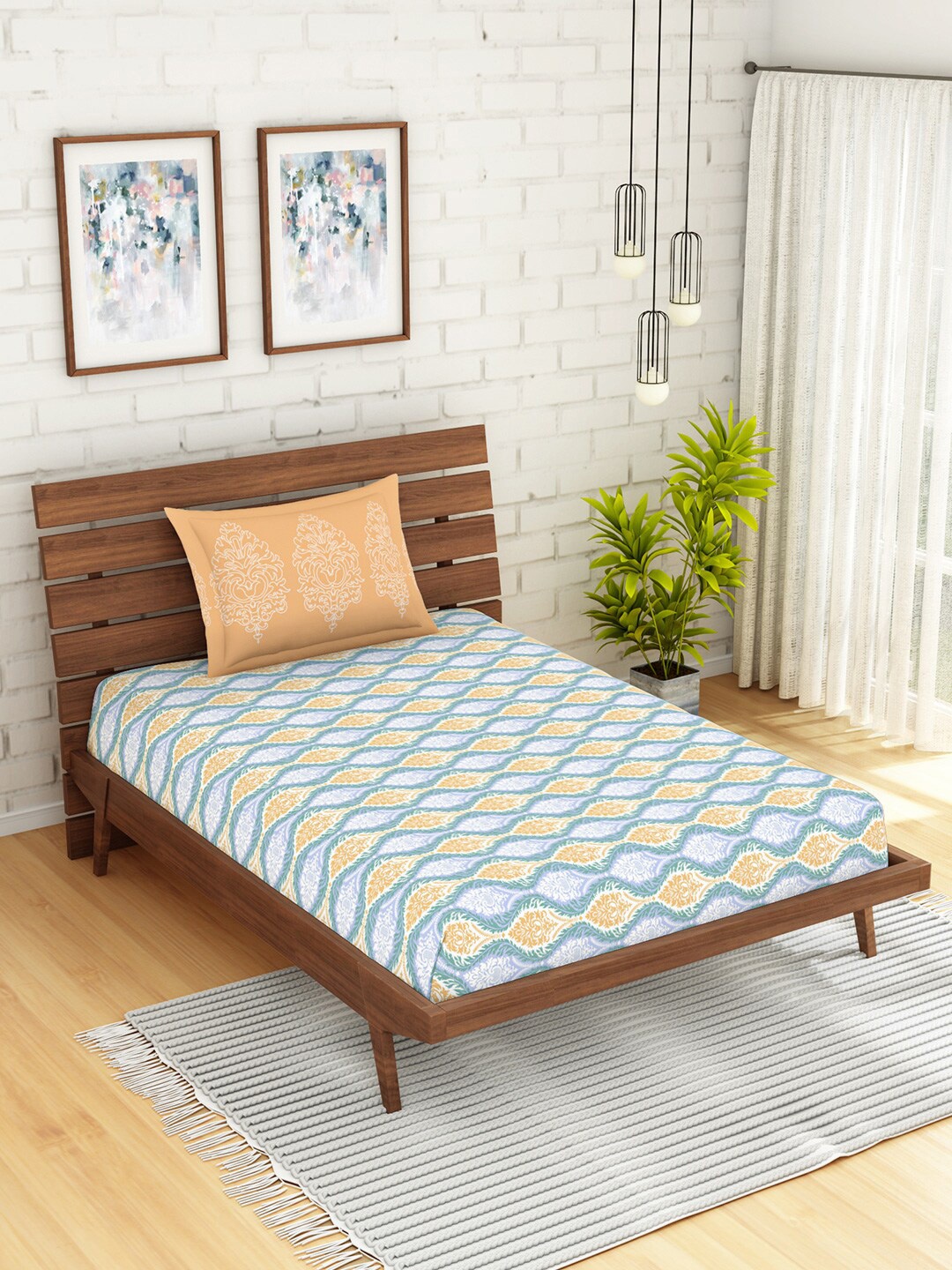 

SPACES Blue & White Floral 210 TC Cotton 1 Single Bedsheet with 1 Pillow Cover